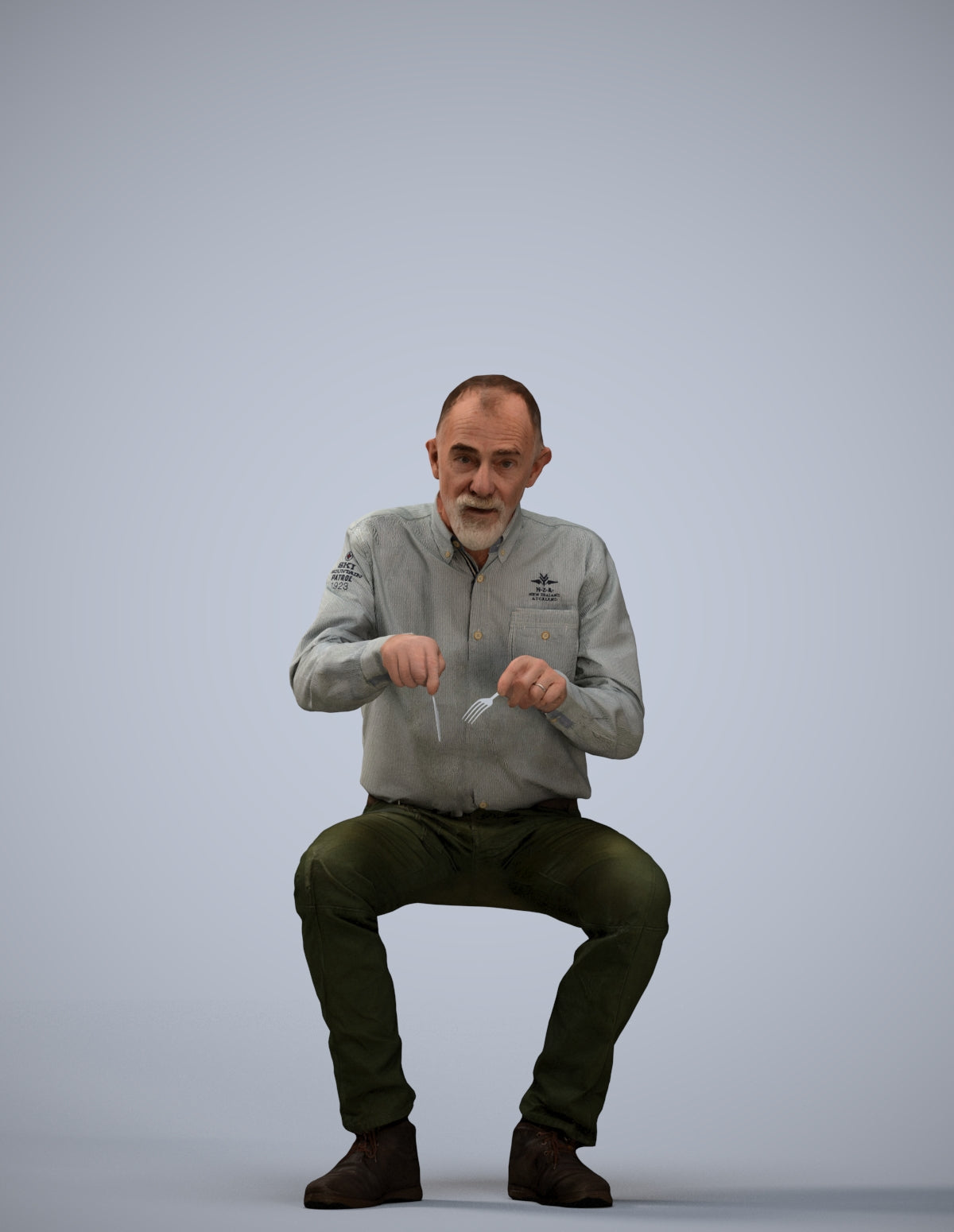 3D human model senior man casual sitting, photogrammetry scanned person for archviz