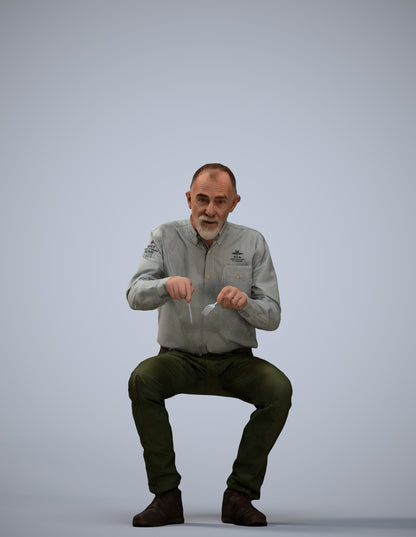 3D human model senior man casual sitting, photogrammetry scanned person for archviz