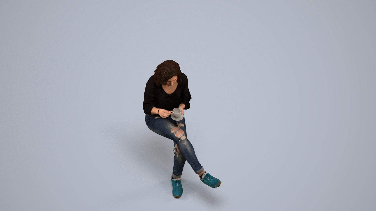 photogrammetry 3D woman casual sitting, realistic human model archviz FBX, back view render