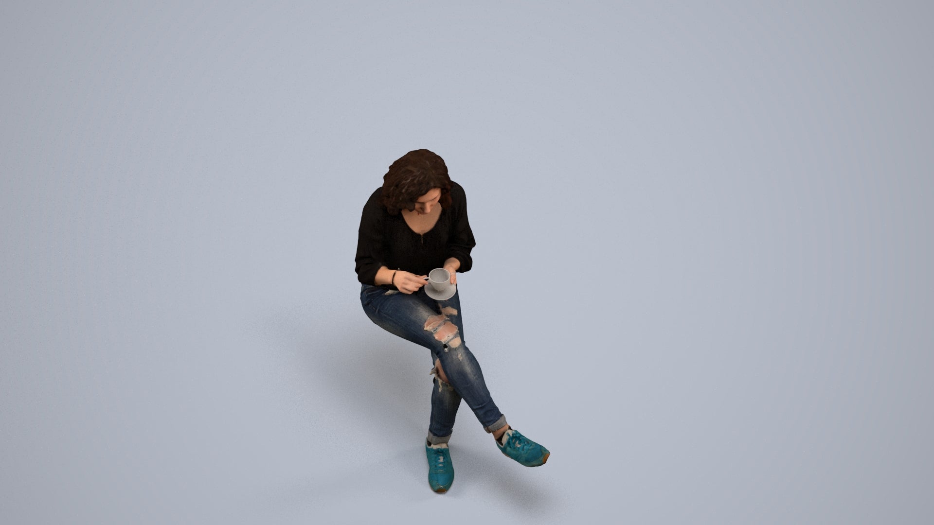 photogrammetry 3D woman casual sitting, realistic human model archviz FBX, back view render