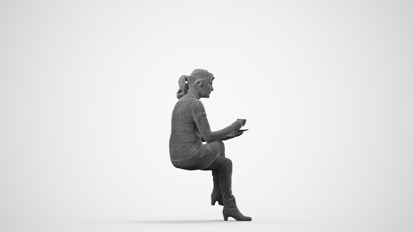3D scanned senior woman sitting casual, photorealistic archviz people for Enscape and SketchUp, wireframe side view