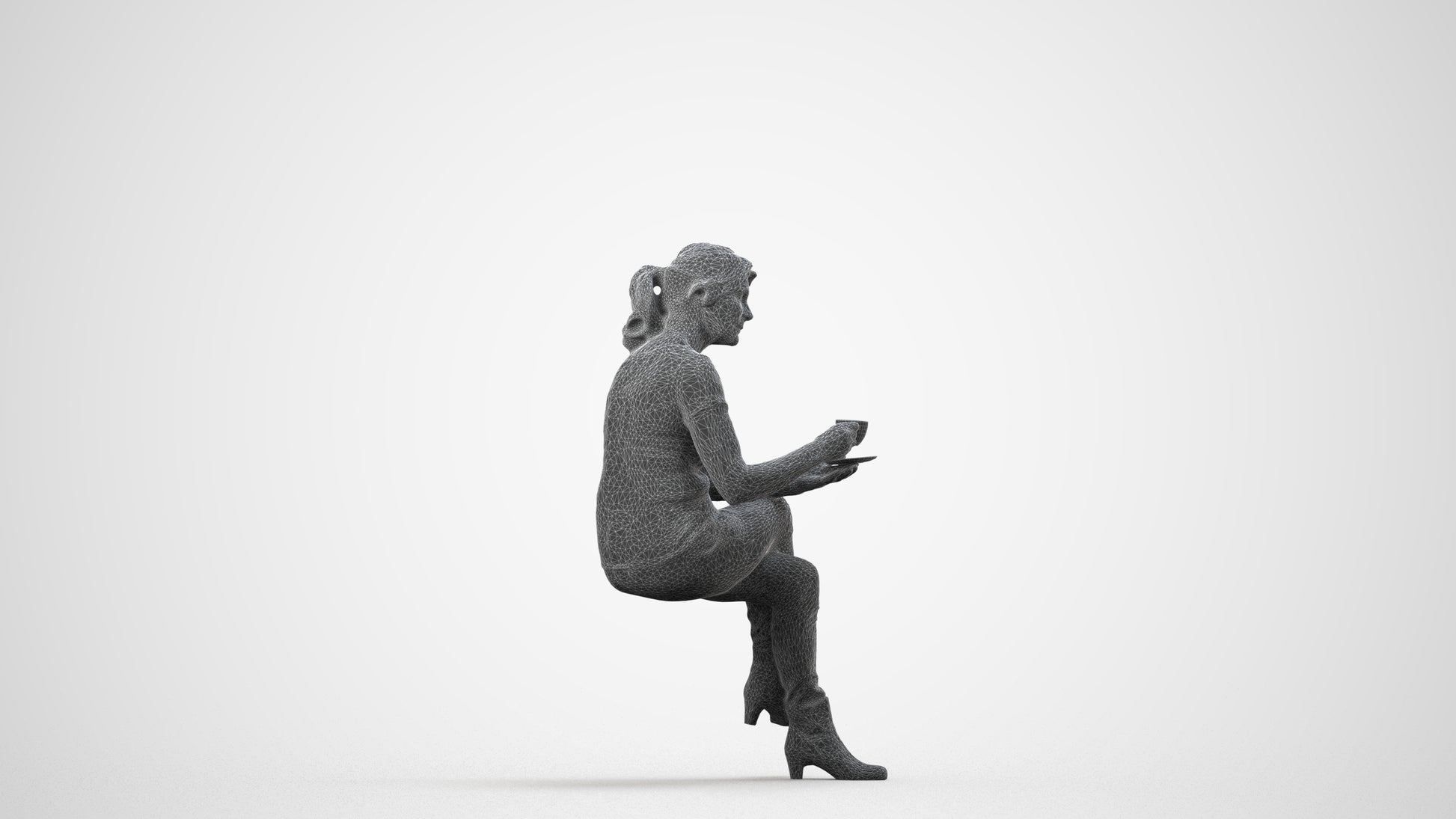 3D scanned senior woman sitting casual, photorealistic archviz people for Enscape and SketchUp, wireframe side view