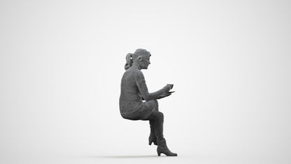 3D scanned senior woman sitting casual, photorealistic archviz people for Enscape and SketchUp, wireframe side view