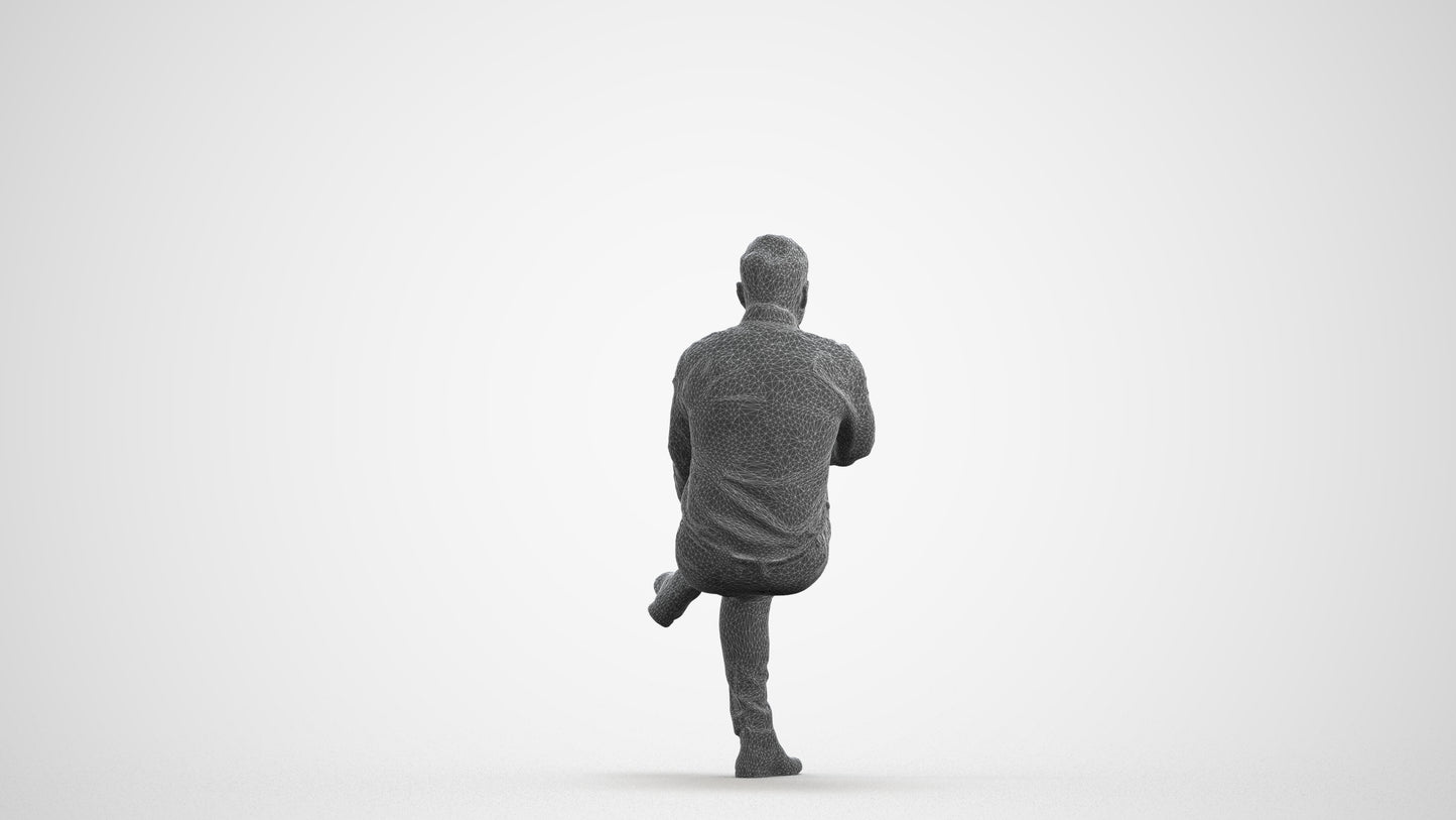 3D human model man casual sitting, photogrammetry scanned person for archviz, wireframe front view