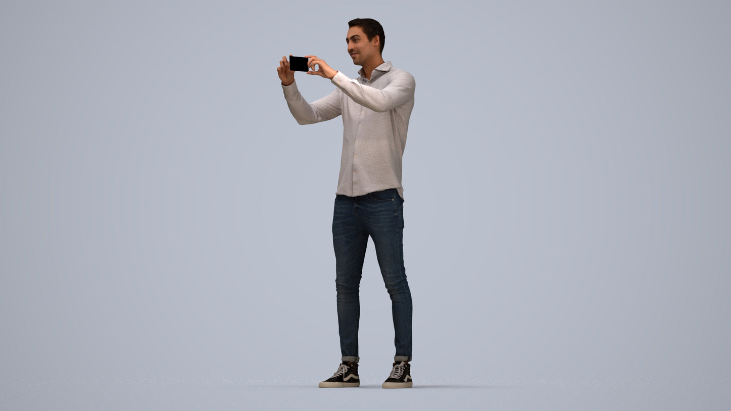 3D human model man casual standing, photogrammetry scanned person for archviz, top-down view render