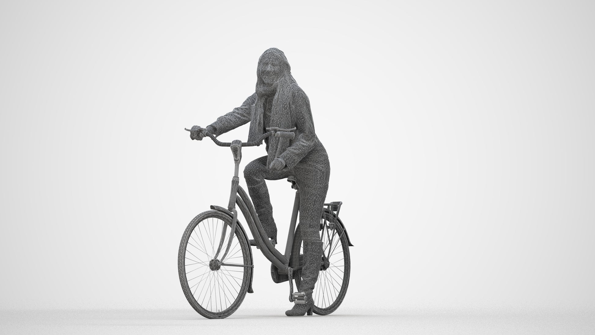 3D people model woman casual cycling, scanned human for 3ds Max rendering, wireframe back view