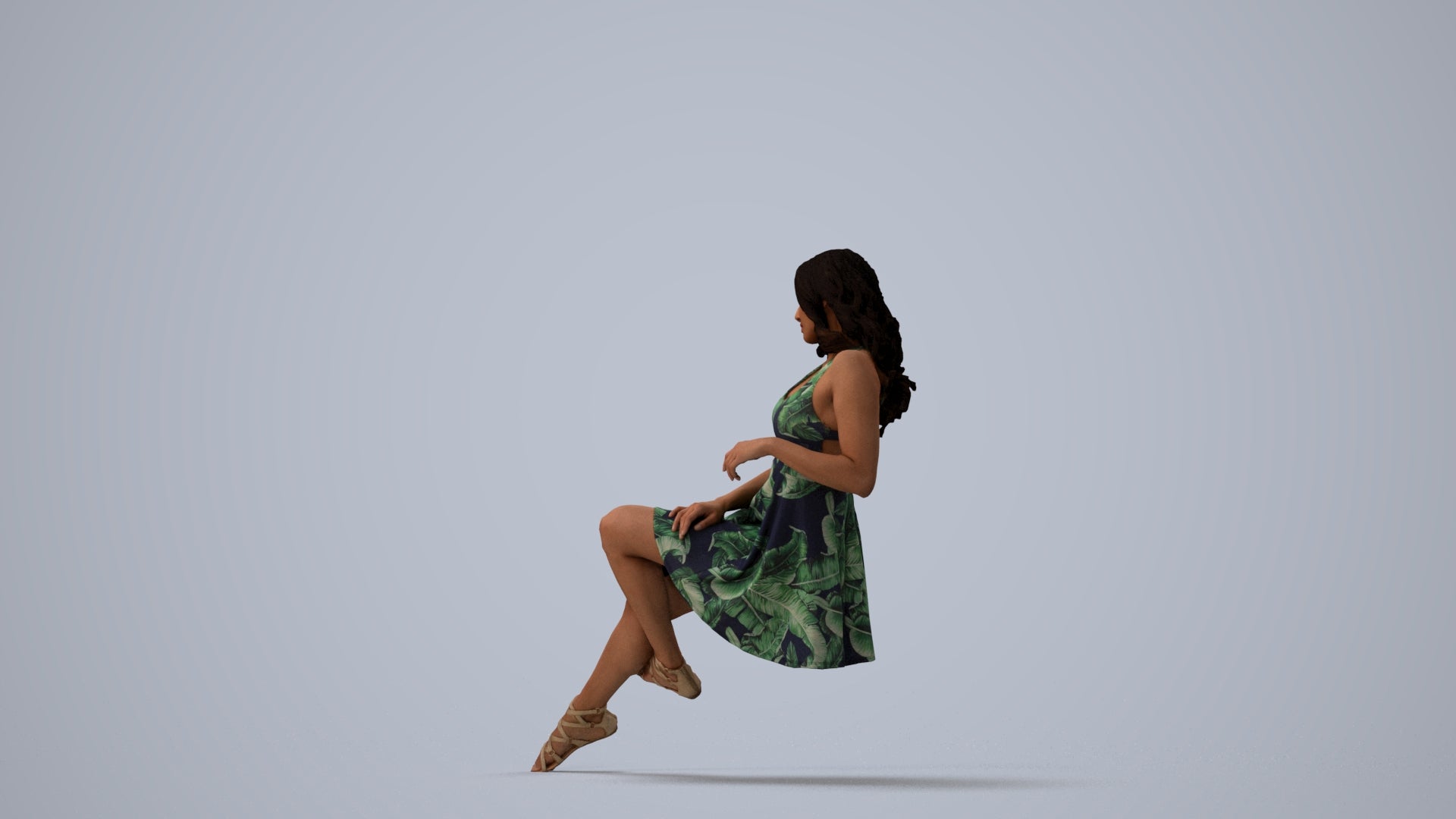 photogrammetry 3D woman sitting, realistic human model archviz FBX, three-quarter view render