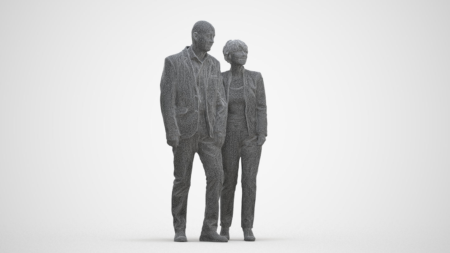 3D human model senior woman business couple, photogrammetry scanned person for archviz, three-quarter front view render