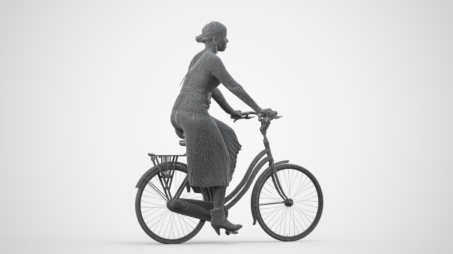 photogrammetry 3D woman casual cycling, realistic human model archviz FBX, wireframe side view