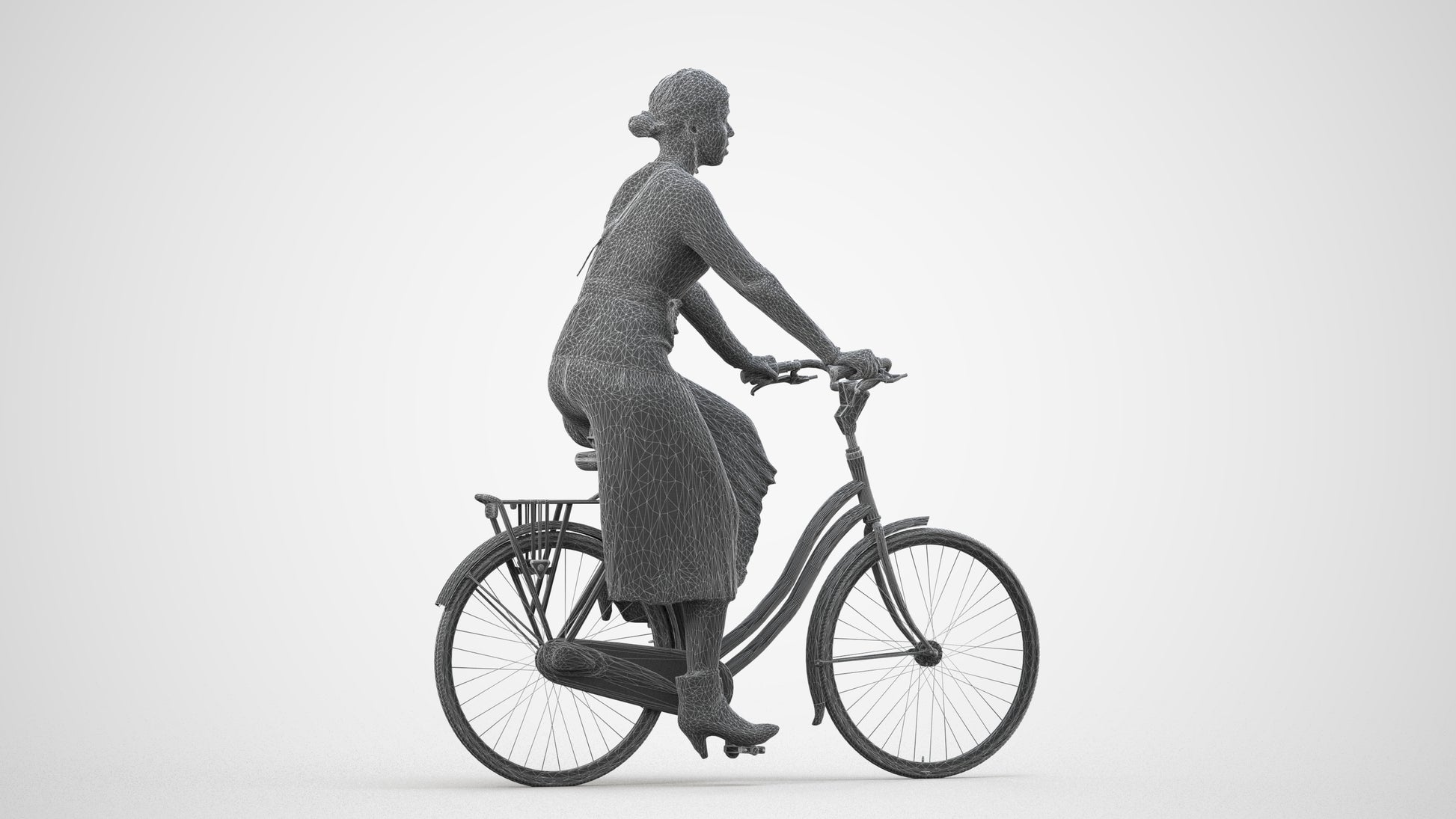 photogrammetry 3D woman casual cycling, realistic human model archviz FBX, wireframe side view