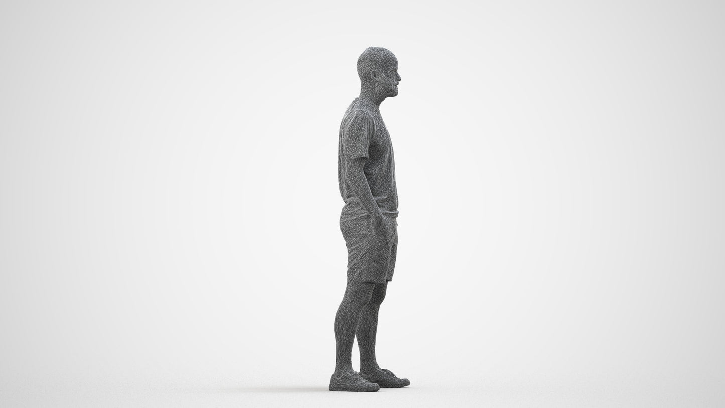 3D human model man casual standing, photogrammetry scanned person for archviz, wireframe side view