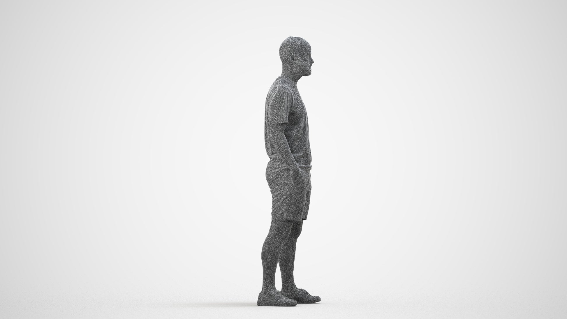 3D human model man casual standing, photogrammetry scanned person for archviz, wireframe side view