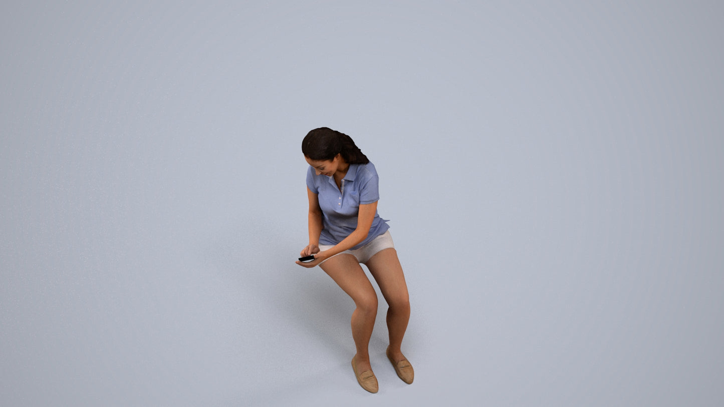 realistic 3D woman casual sitting, scanned archviz people for Blender and 3ds Max, back view render