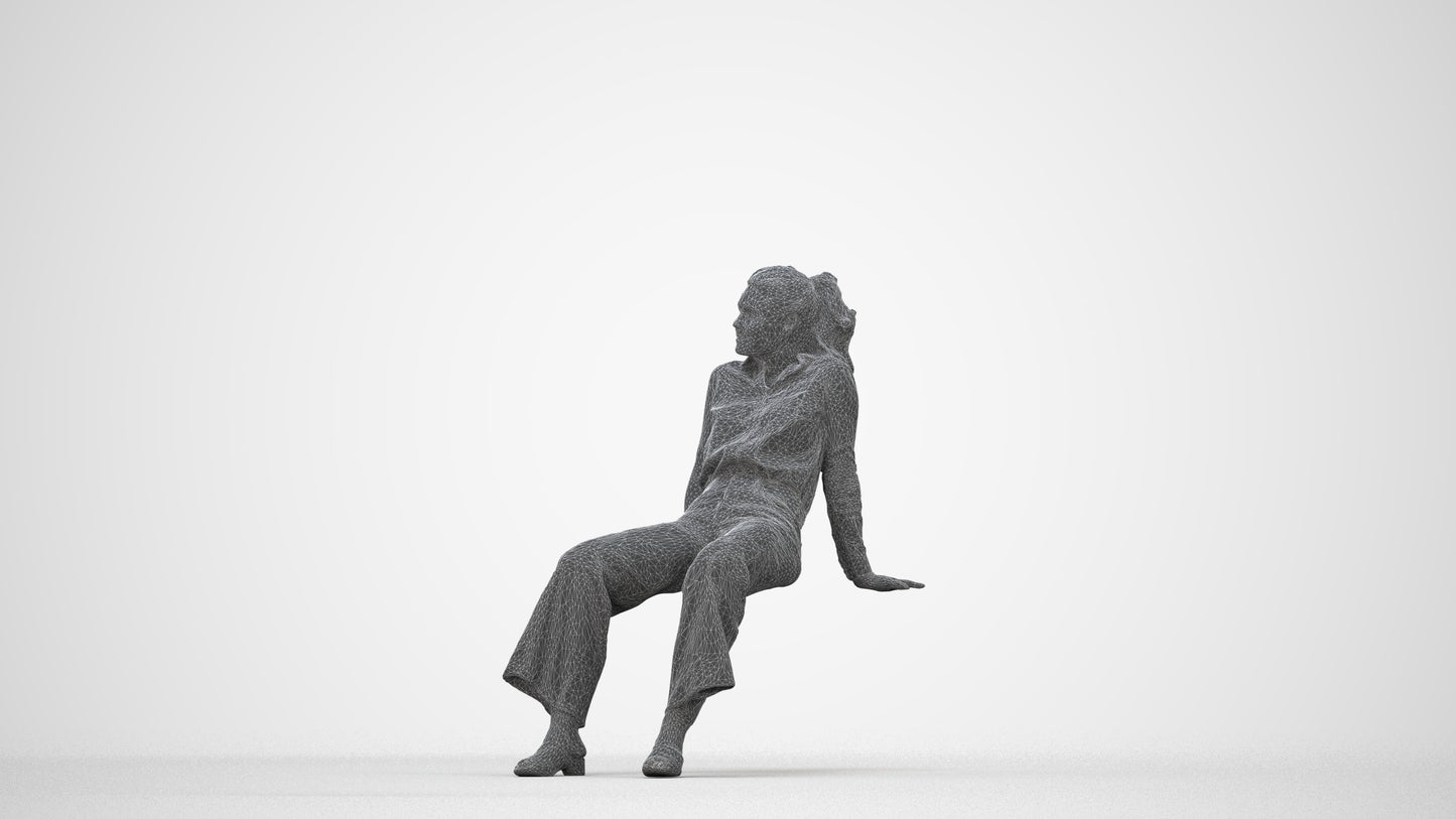 3D scanned woman sitting casual, photorealistic archviz people for Enscape and SketchUp, wireframe back view