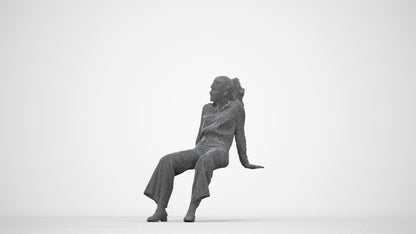 3D scanned woman sitting casual, photorealistic archviz people for Enscape and SketchUp, wireframe back view