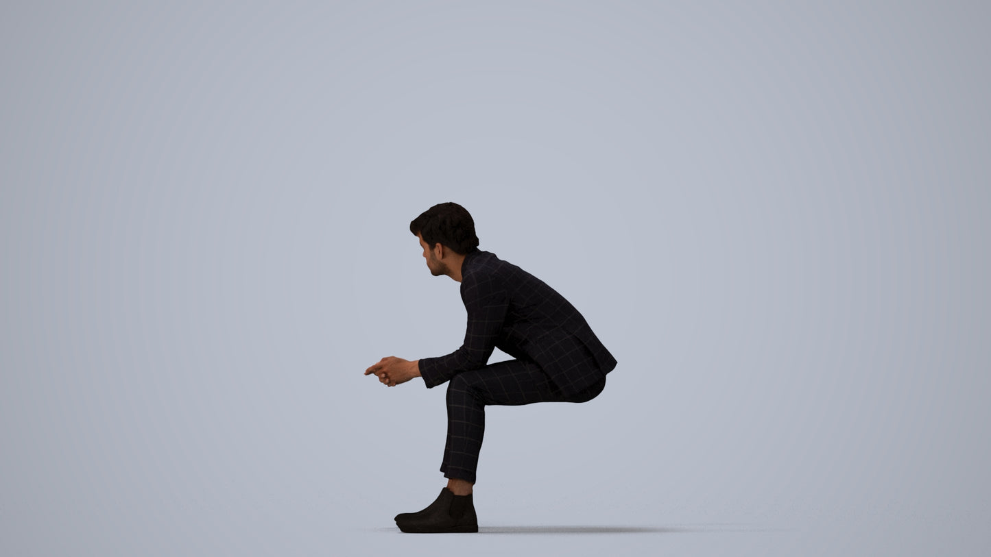 photogrammetry 3D man business sitting, realistic human model archviz FBX, three-quarter view render