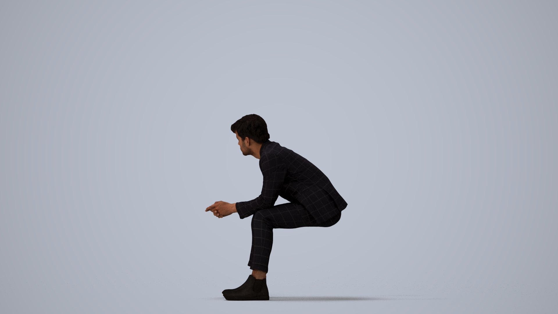 photogrammetry 3D man business sitting, realistic human model archviz FBX, three-quarter view render