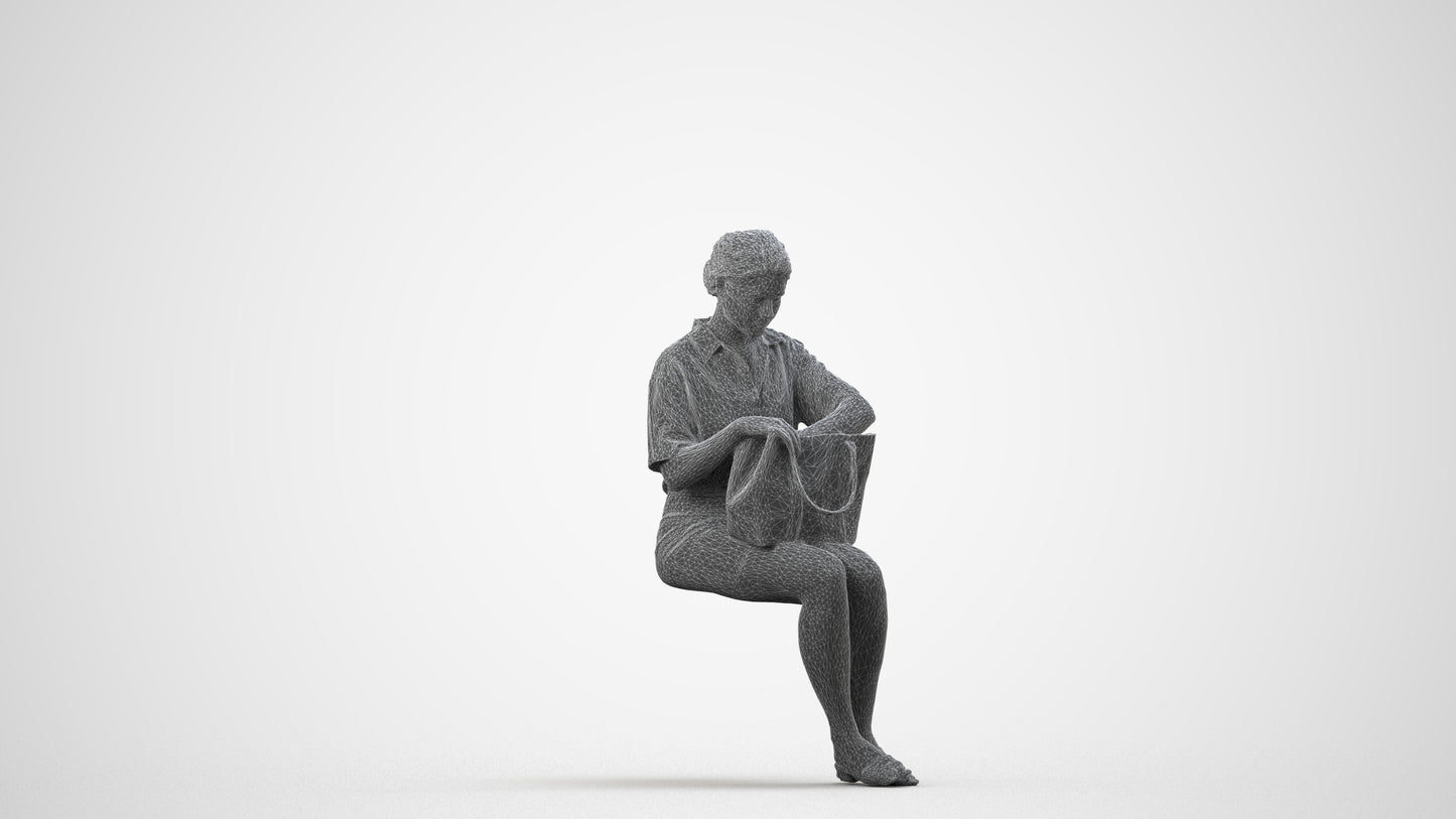 3D scanned woman sitting casual, photorealistic archviz people for Enscape and SketchUp, wireframe side view