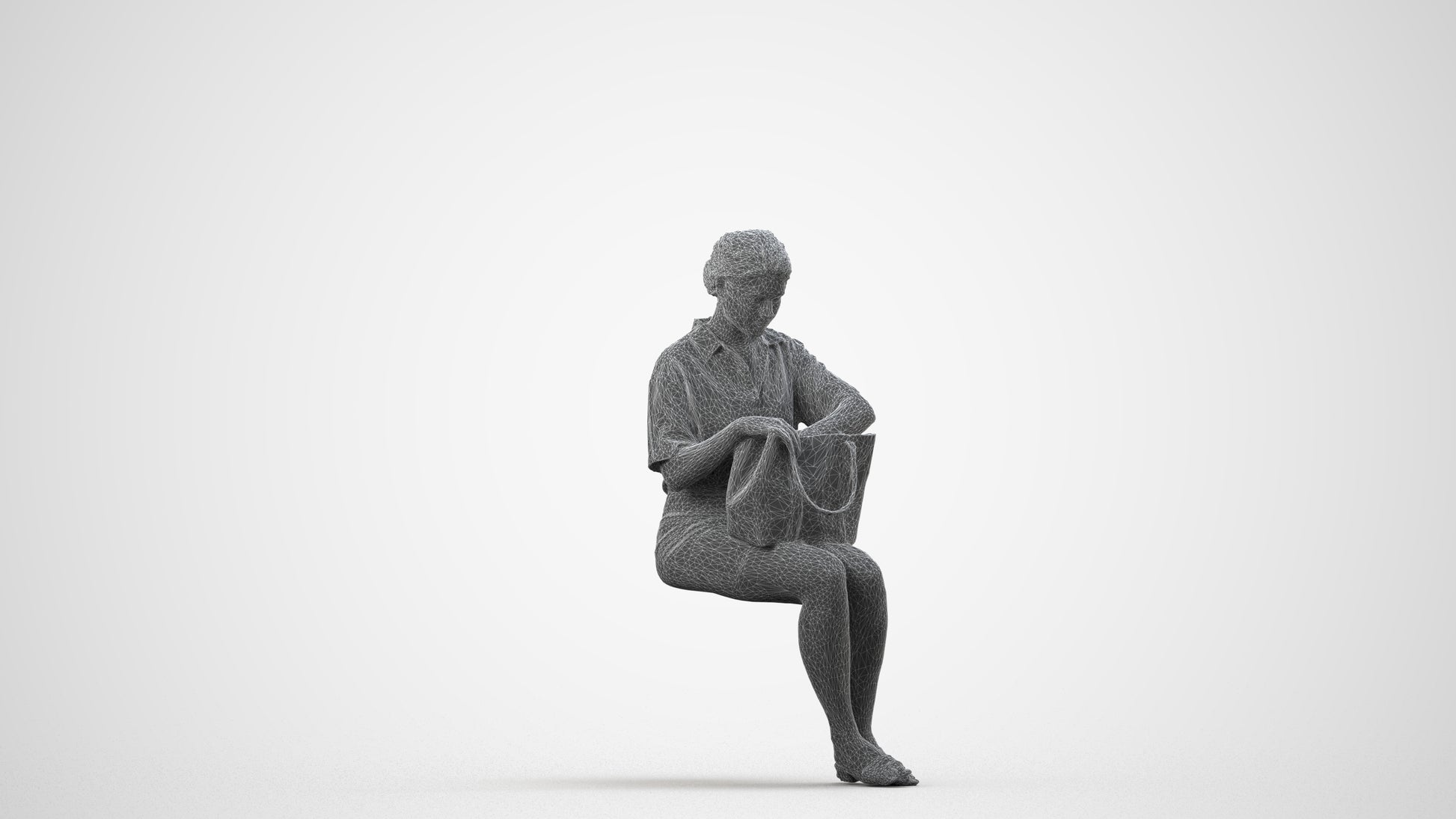 3D scanned woman sitting casual, photorealistic archviz people for Enscape and SketchUp, wireframe side view