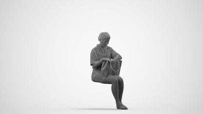 3D scanned woman sitting casual, photorealistic archviz people for Enscape and SketchUp, wireframe side view