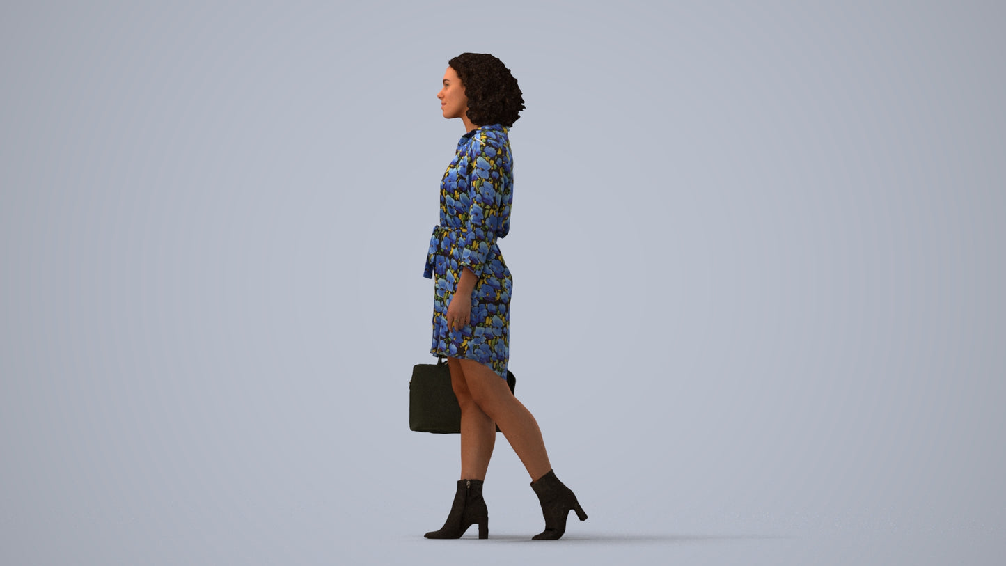 3D scanned woman walking casual, photorealistic archviz people for Enscape and SketchUp, three-quarter view render