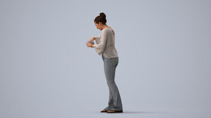 3D scanned woman standing casual, photorealistic archviz people for Enscape and SketchUp, three-quarter view render