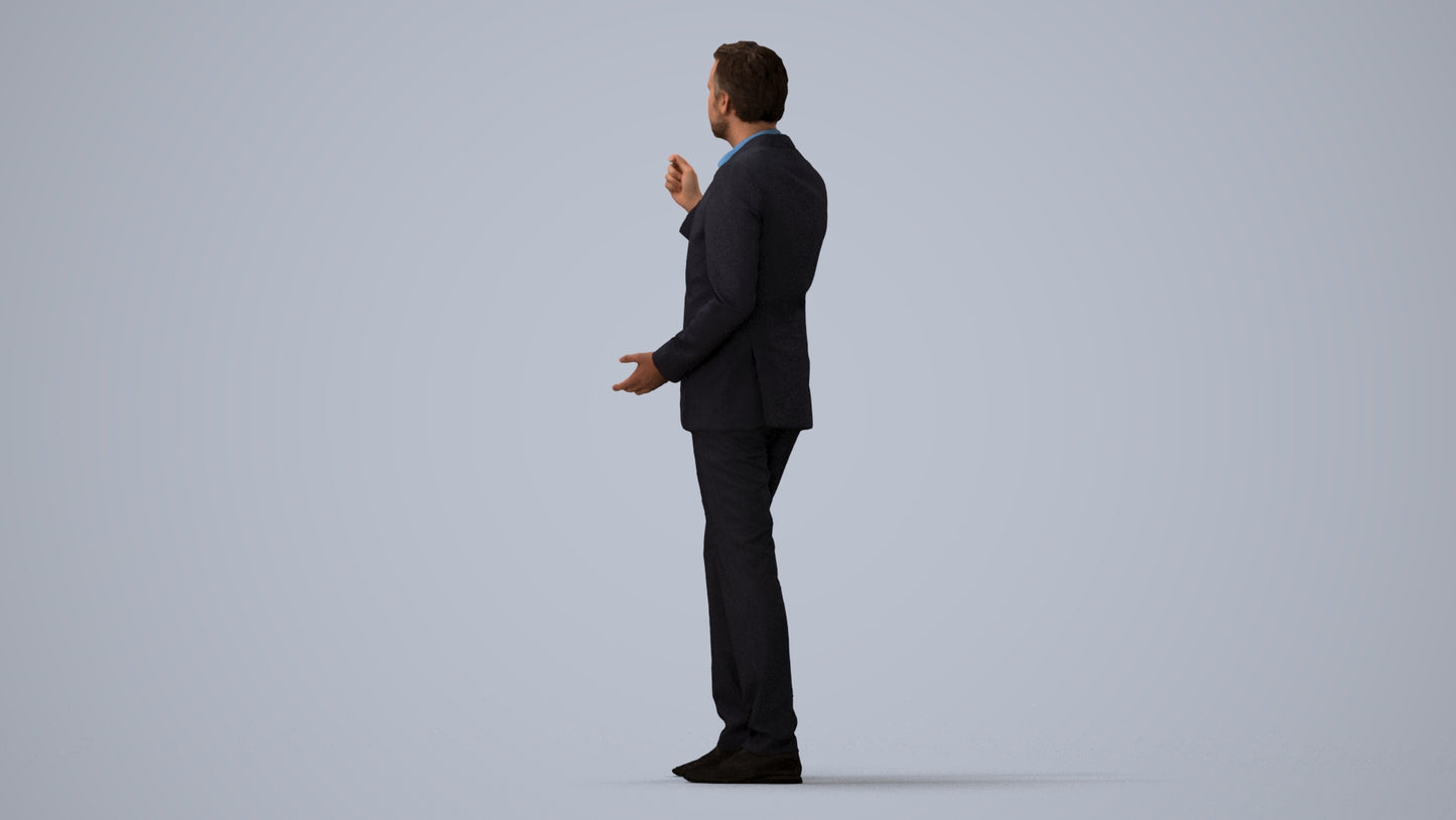 realistic 3D human man business, archviz people FBX OBJ for Blender, three-quarter view render