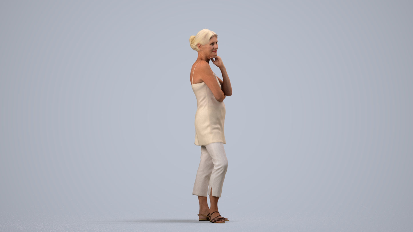 realistic 3D people senior woman casual standing, render-ready for V-Ray and Corona, FBX OBJ, side view render