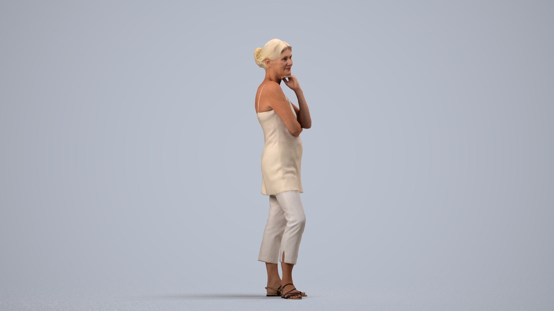 realistic 3D people senior woman casual standing, render-ready for V-Ray and Corona, FBX OBJ, side view render