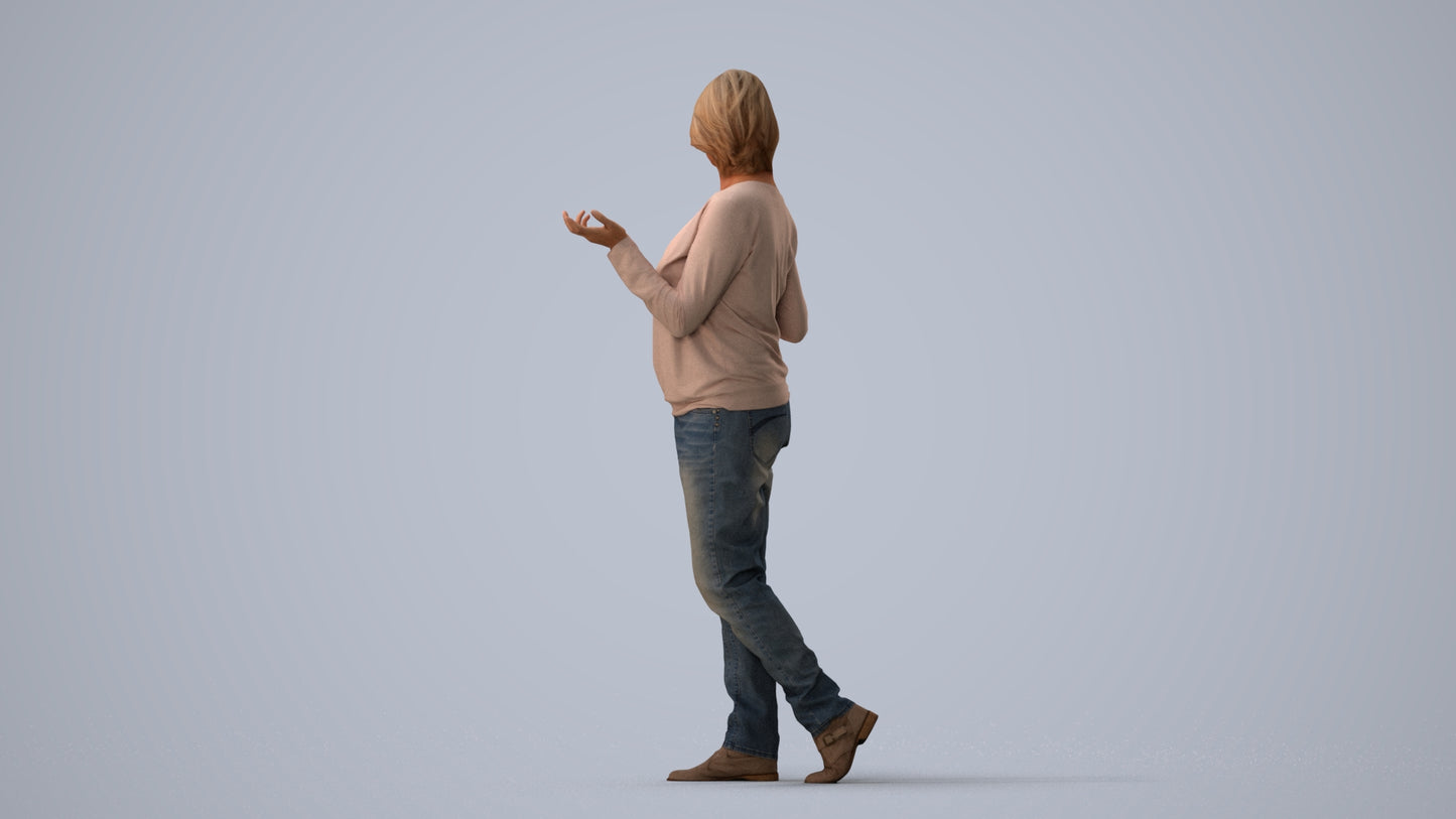 realistic 3D human woman casual walking, archviz people FBX OBJ for Blender, three-quarter view render