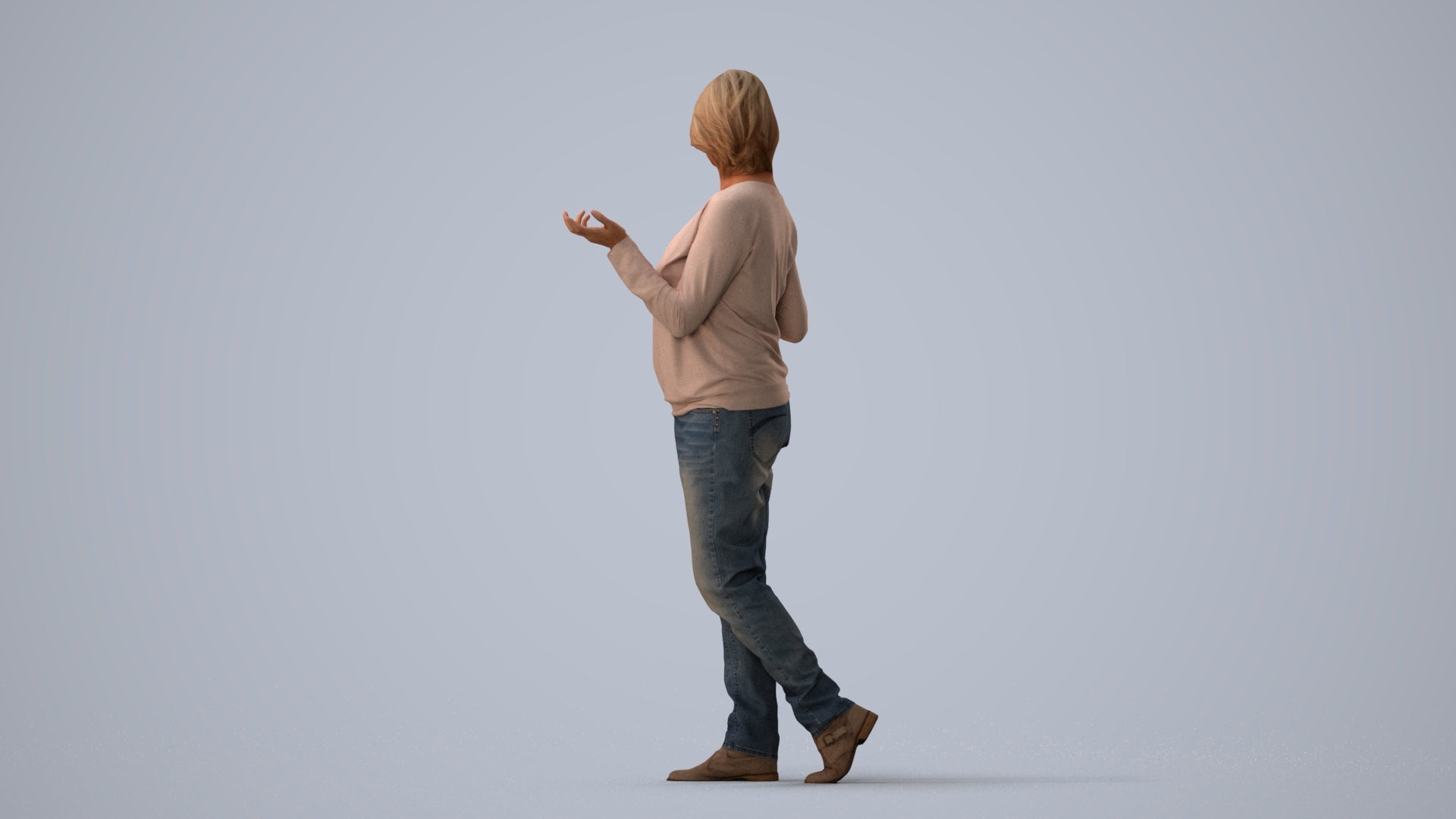 realistic 3D human woman casual walking, archviz people FBX OBJ for Blender, three-quarter view render