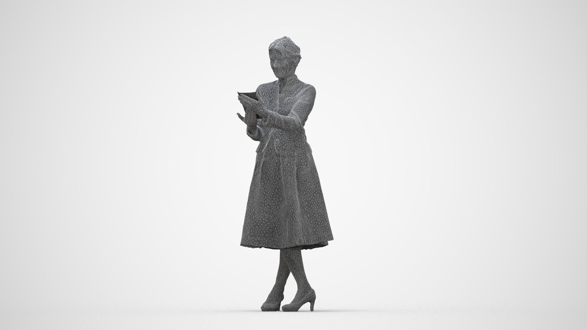 3D people model senior woman business standing, scanned human for 3ds Max rendering, wireframe back view