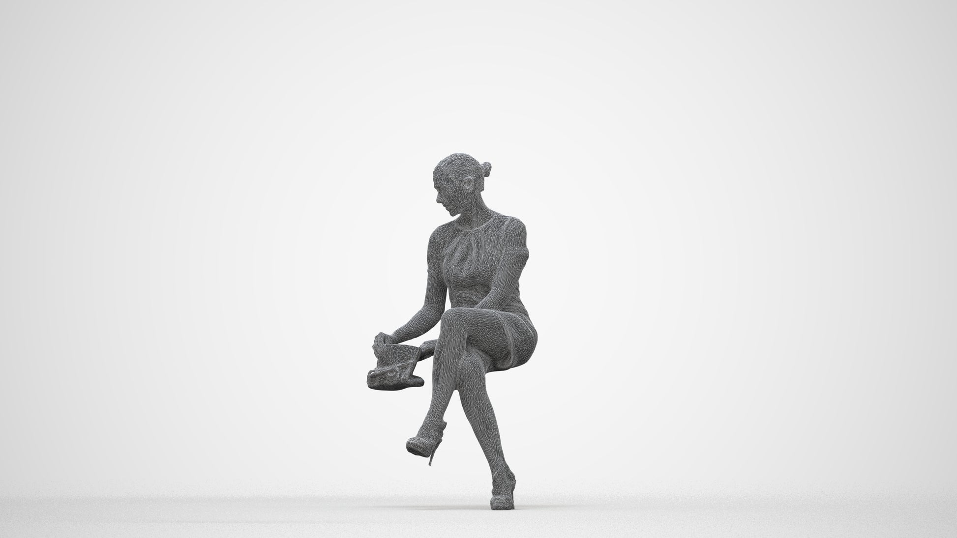 photogrammetry 3D woman business sitting, realistic human model archviz FBX, wireframe back view