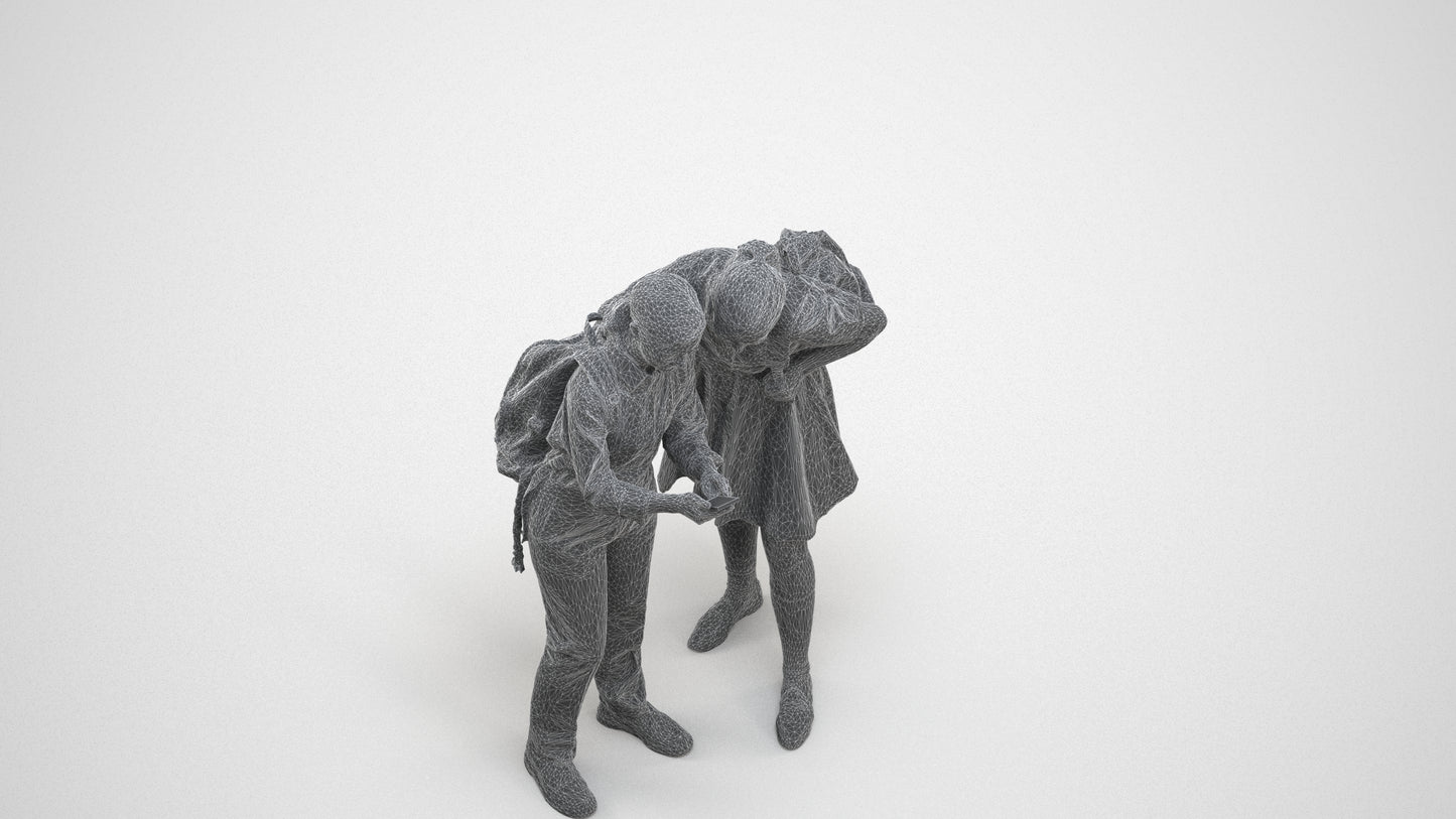 realistic 3D girl kids, scanned archviz people for Blender and 3ds Max, wireframe three-quarter view