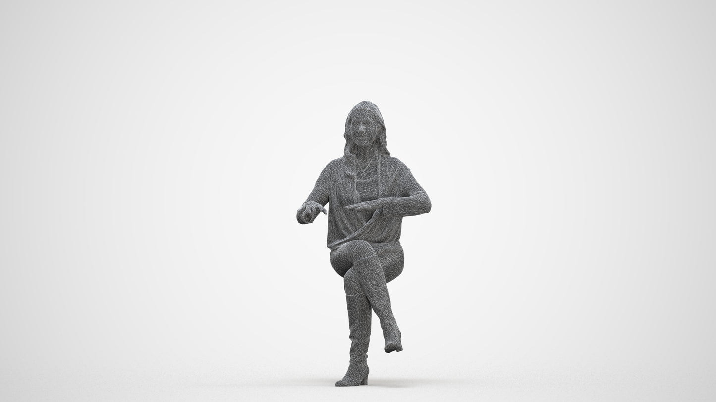 realistic 3D human woman casual sitting, archviz people FBX OBJ for Blender, three-quarter front view render