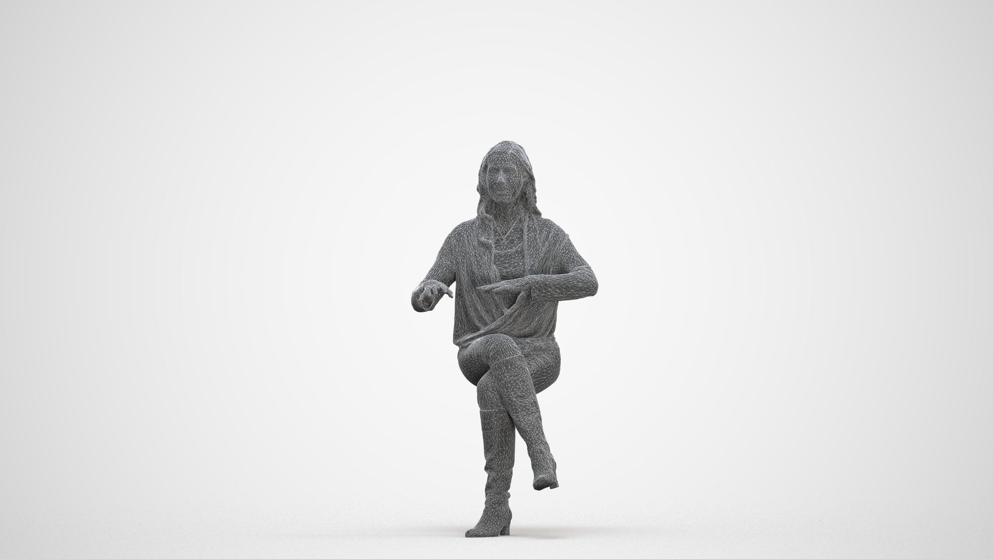 realistic 3D human woman casual sitting, archviz people FBX OBJ for Blender, three-quarter front view render