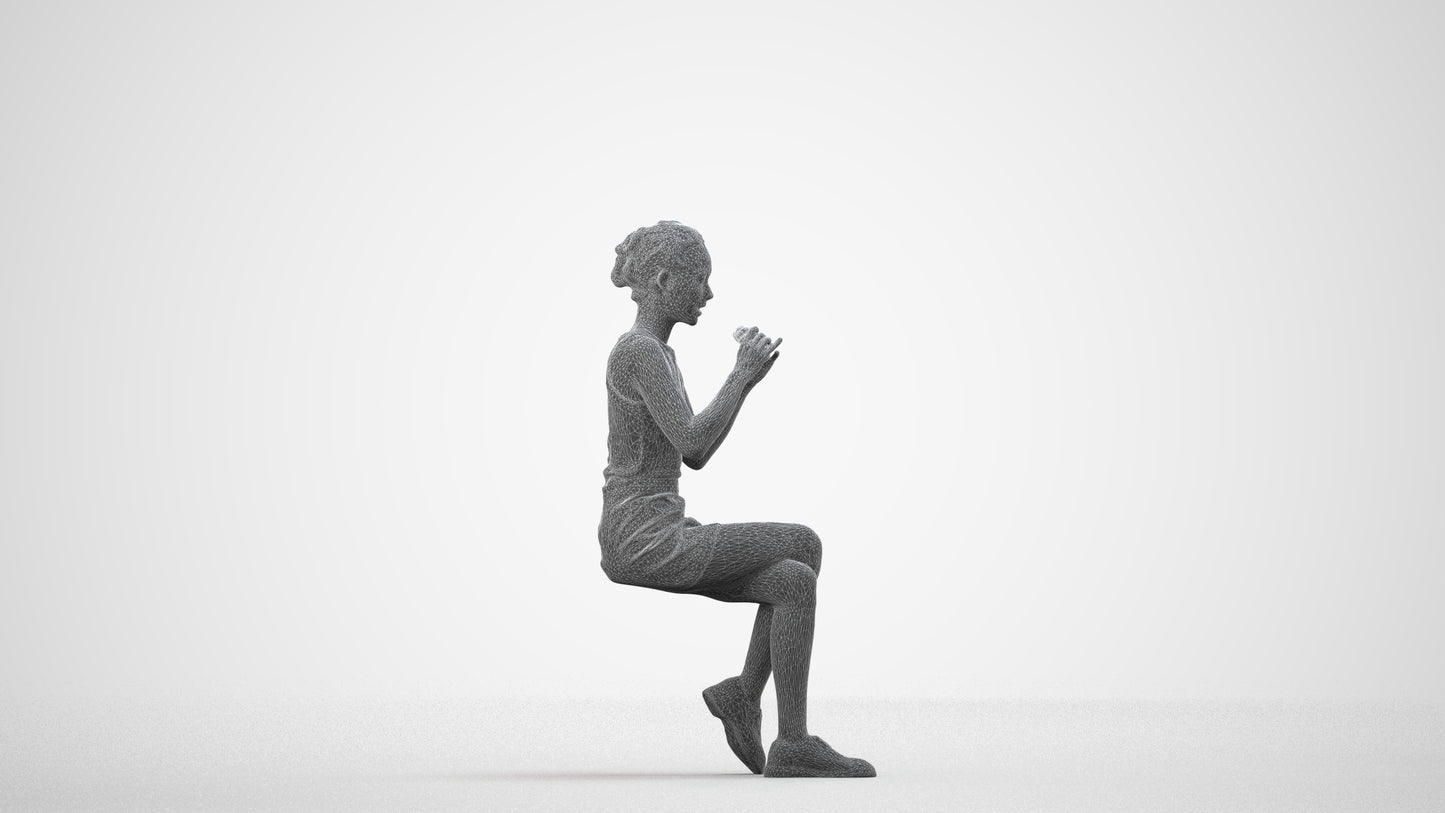 3D human model woman casual sitting, photogrammetry scanned person for archviz, wireframe side view
