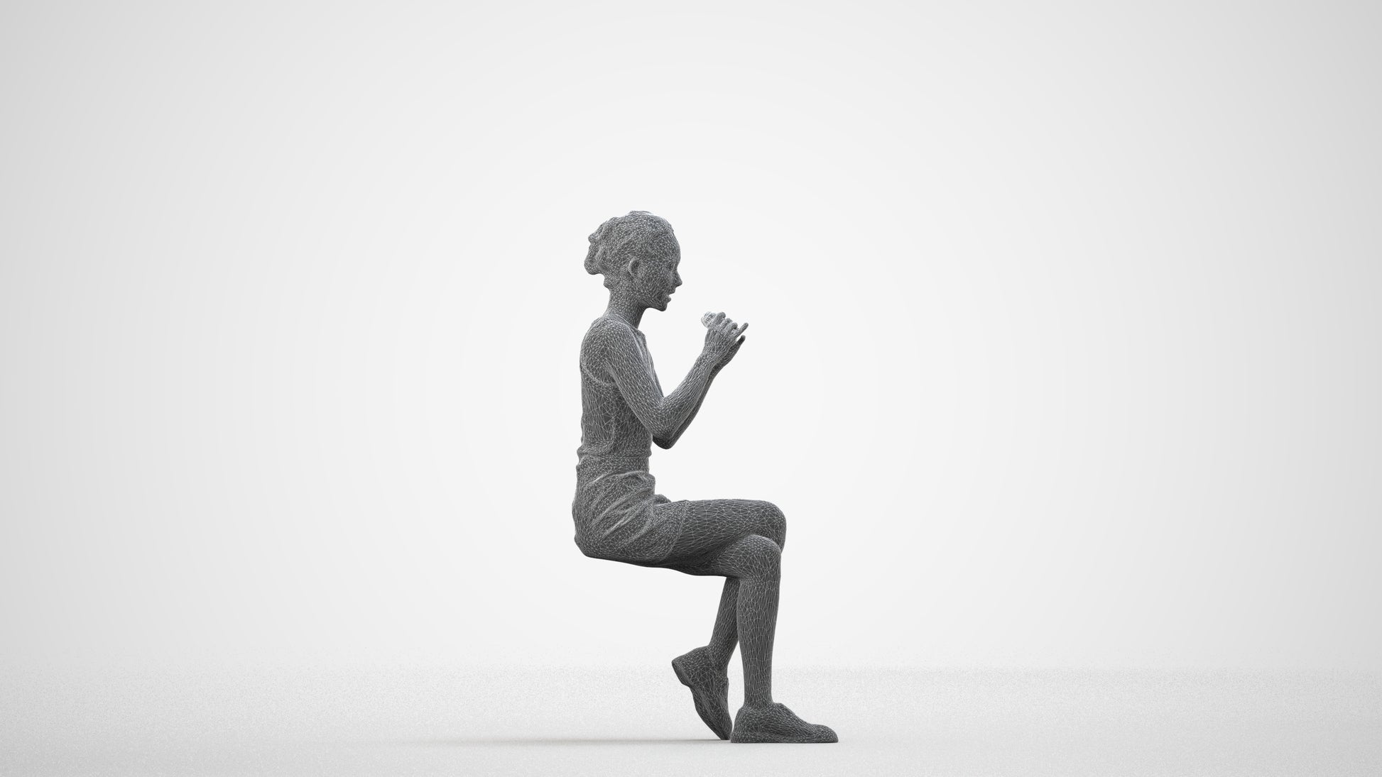 3D human model woman casual sitting, photogrammetry scanned person for archviz, wireframe side view