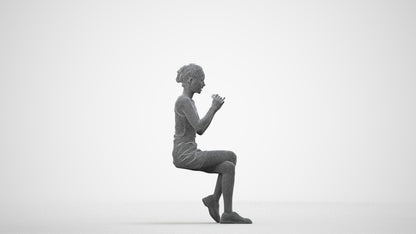 3D human model woman casual sitting, photogrammetry scanned person for archviz, wireframe side view