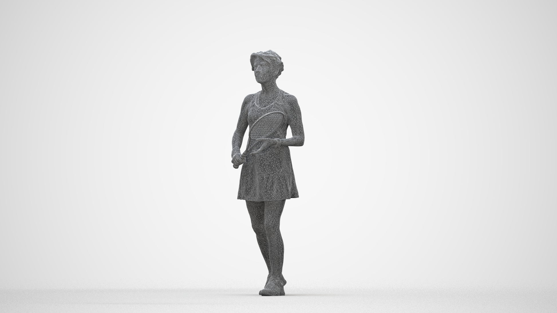 3D human model woman sport, photogrammetry scanned person for archviz, wireframe back view