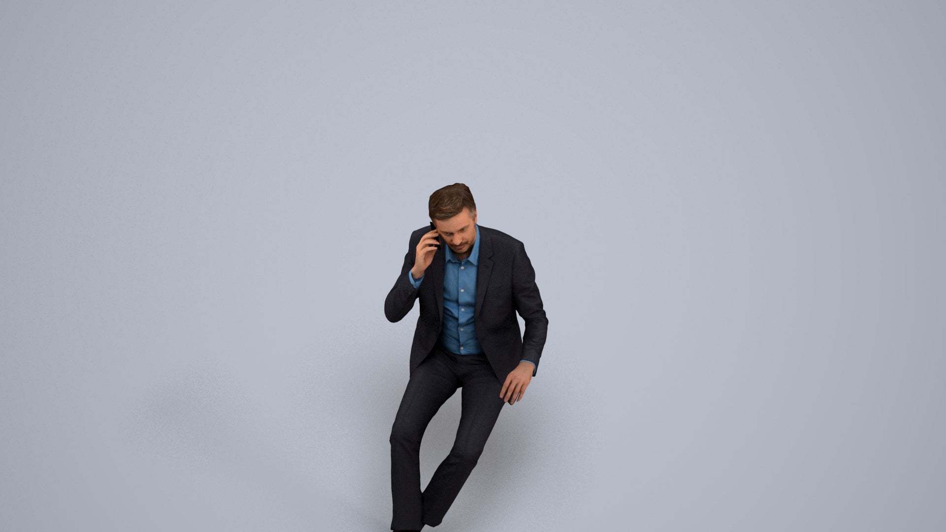 3D human model man business sitting, photogrammetry scanned person for archviz, back view render