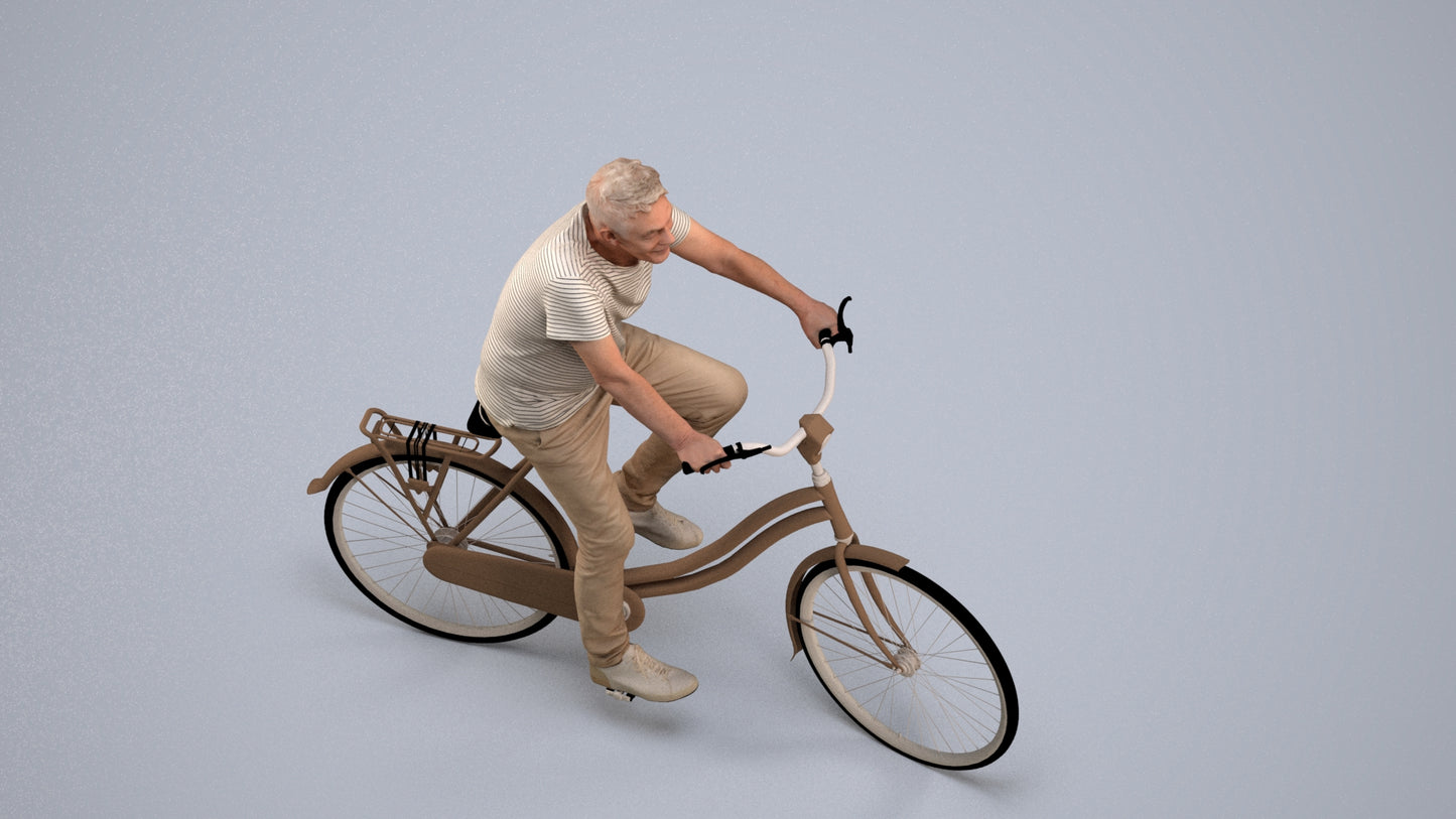 realistic 3D senior man casual cycling, scanned archviz people for Blender and 3ds Max, back view render