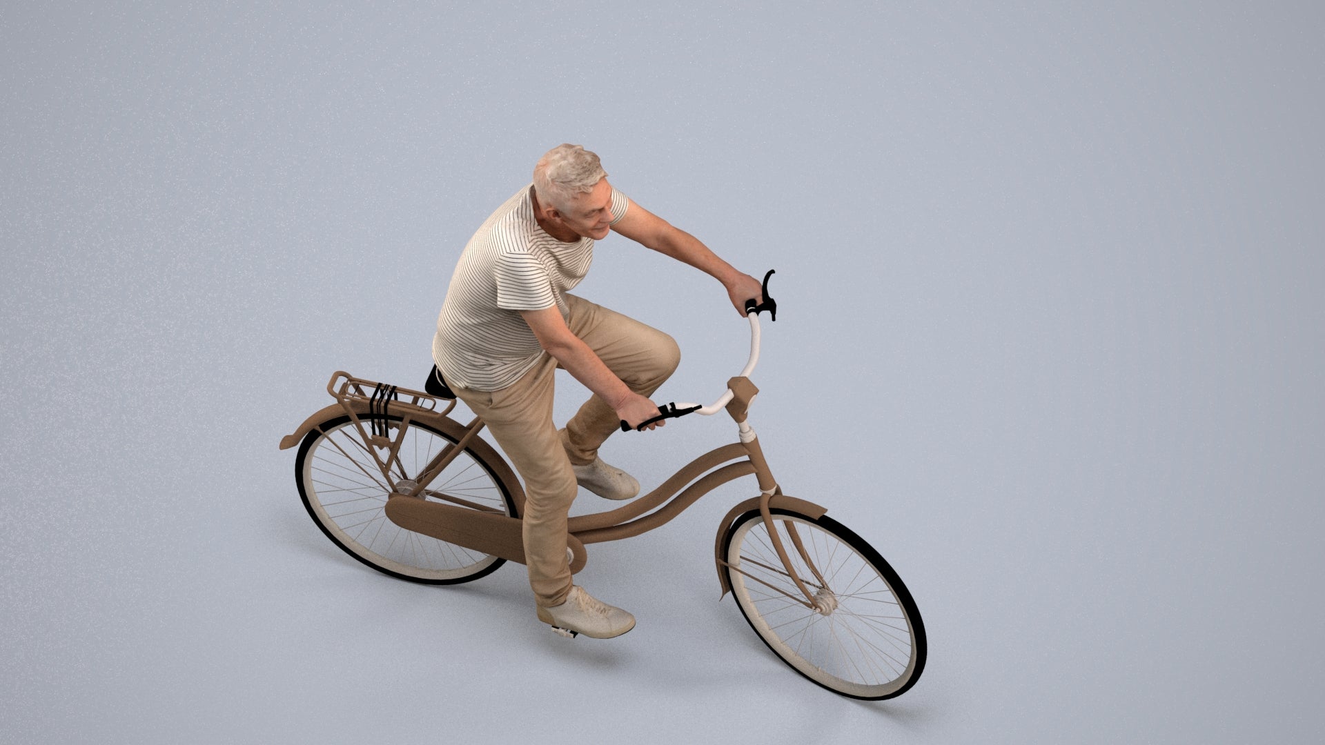 realistic 3D senior man casual cycling, scanned archviz people for Blender and 3ds Max, back view render