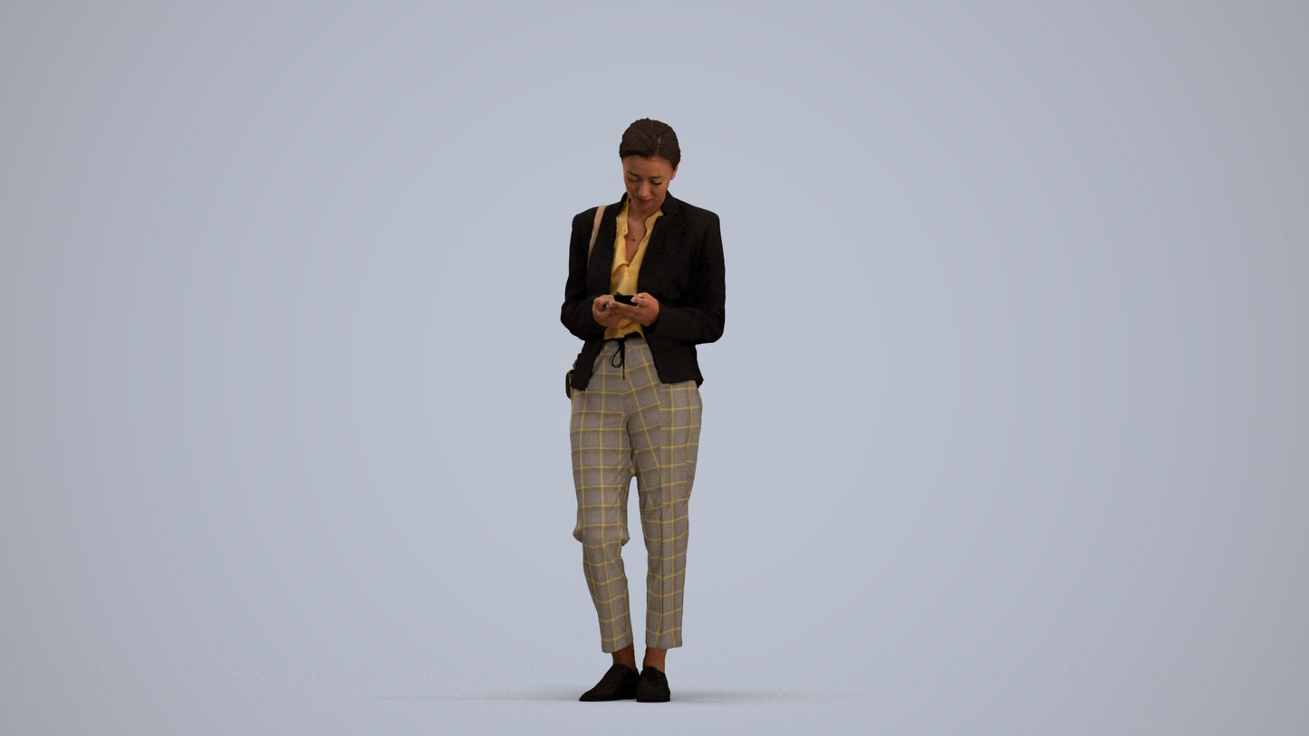 3D human model woman business standing, photogrammetry scanned person for archviz, standing pose render
