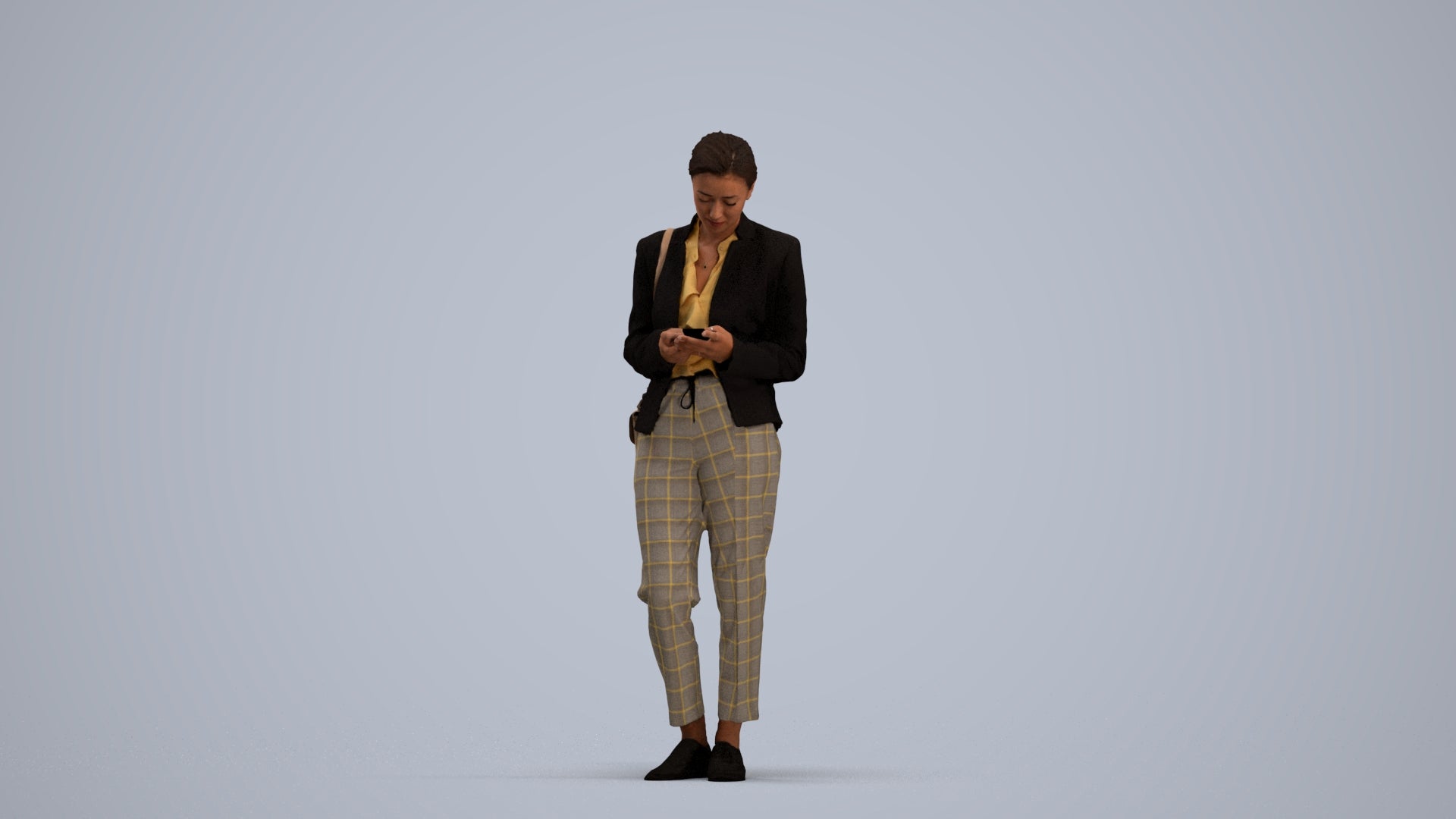 3D human model woman business standing, photogrammetry scanned person for archviz, standing pose render
