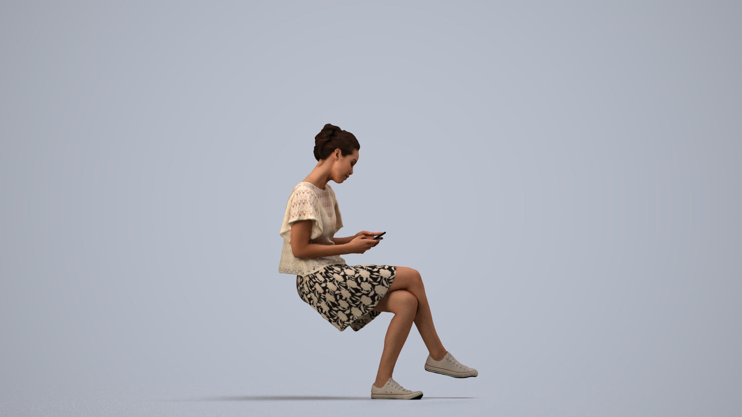 realistic 3D human woman casual sitting, archviz people FBX OBJ for Blender, side view render
