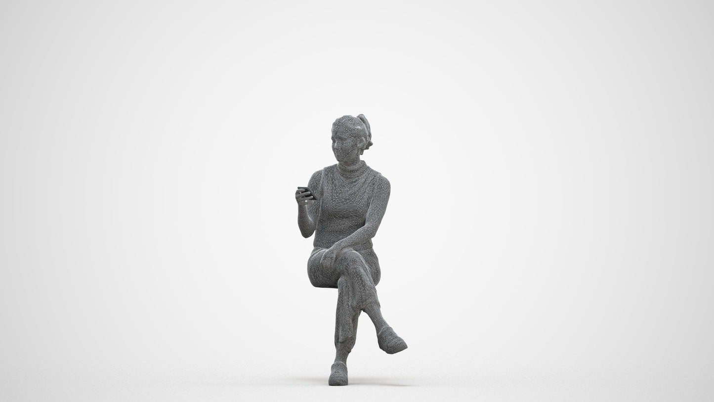 photogrammetry 3D woman casual sitting, realistic human model archviz FBX, three-quarter front view render