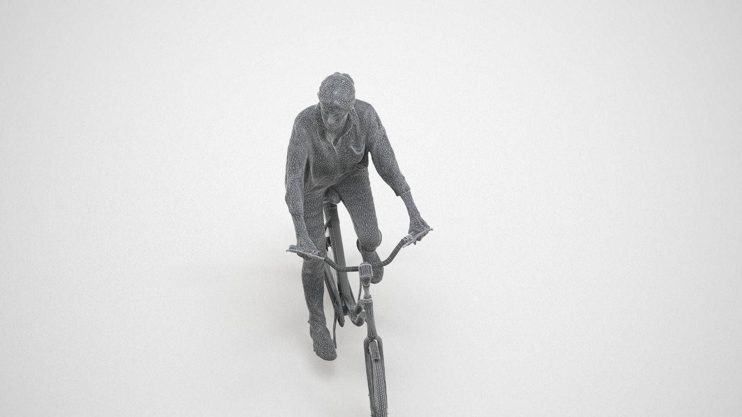 photogrammetry 3D woman casual cycling, realistic human model archviz FBX, wireframe three-quarter view