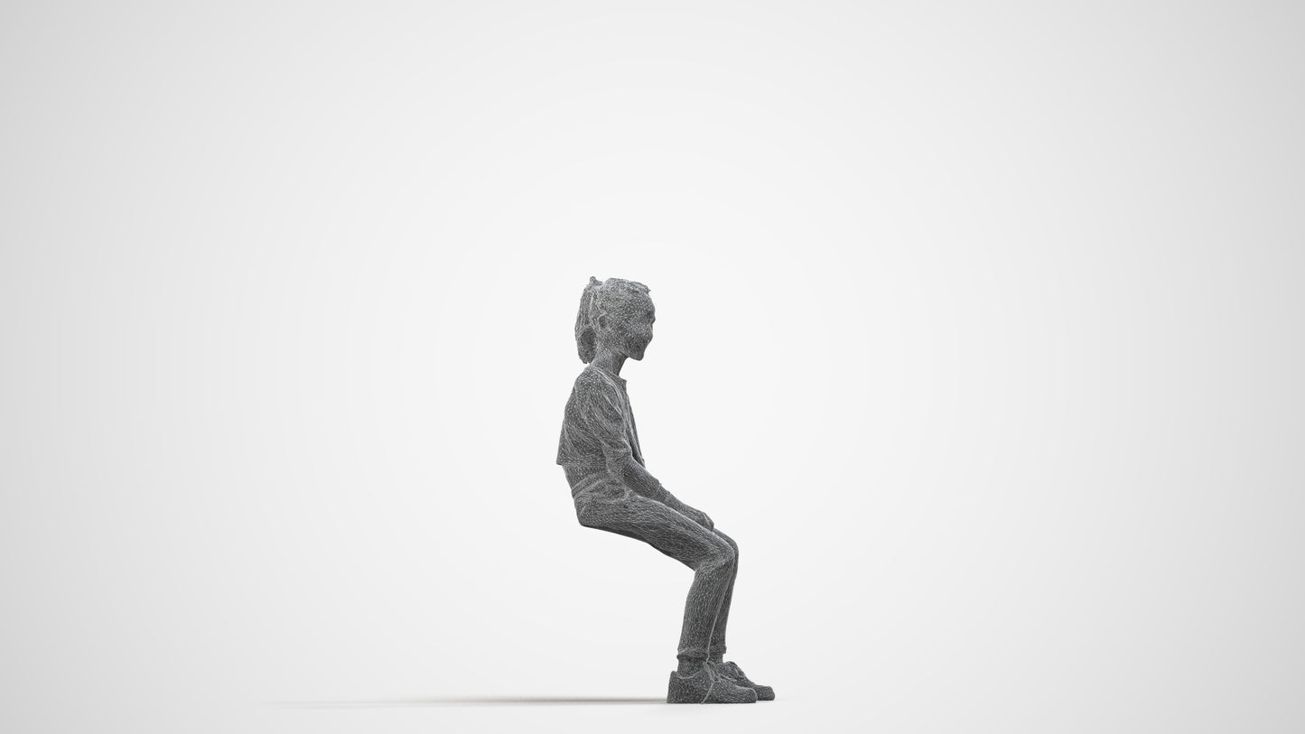 3D human model girl casual kids, photogrammetry scanned person for archviz, wireframe side view