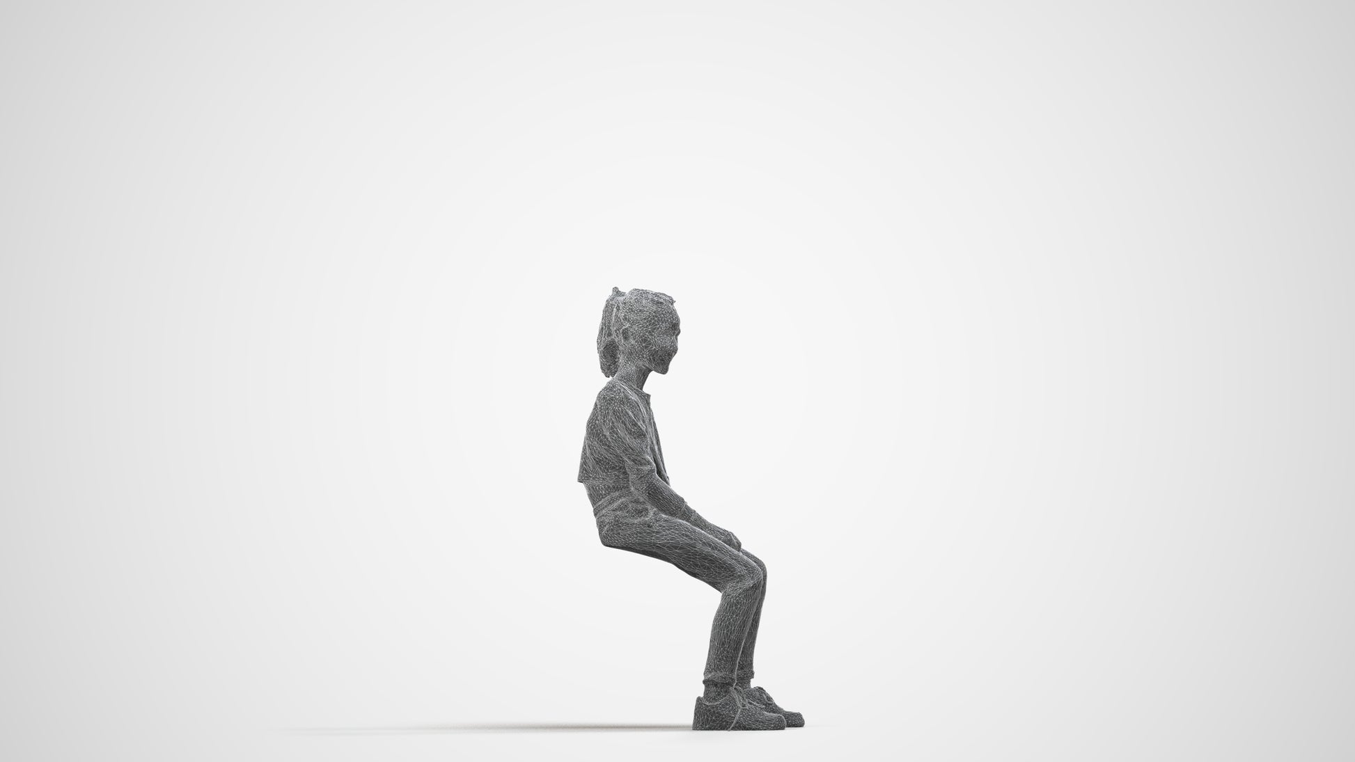 3D human model girl casual kids, photogrammetry scanned person for archviz, wireframe side view